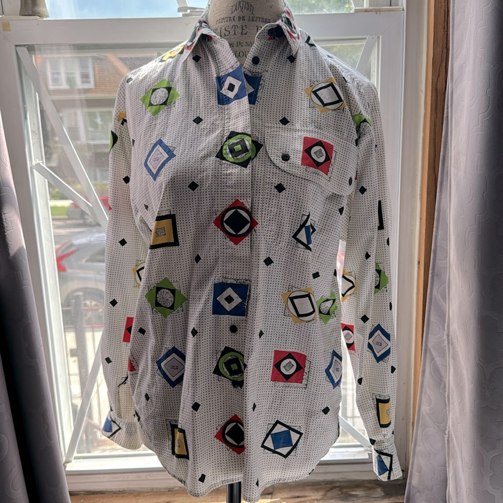 Vtg. Liz Wear long sleeve 100% cotton 80’s 90’s geometric pattern blouse - Picture 1 of 9